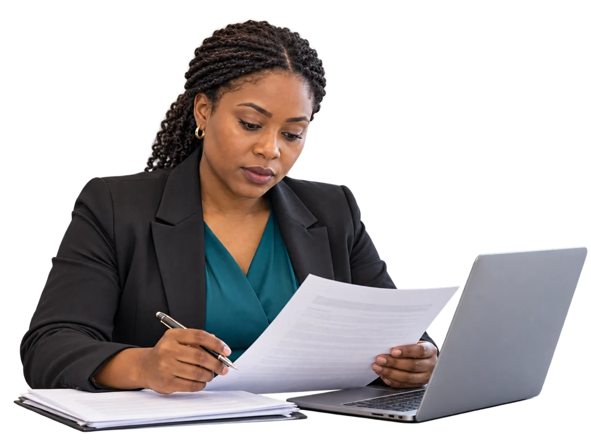Professional internal auditor reviewing working papers at a laptop