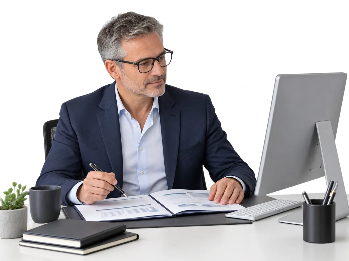 Finance controller reviewing a management report and forecast at a desktop workstation