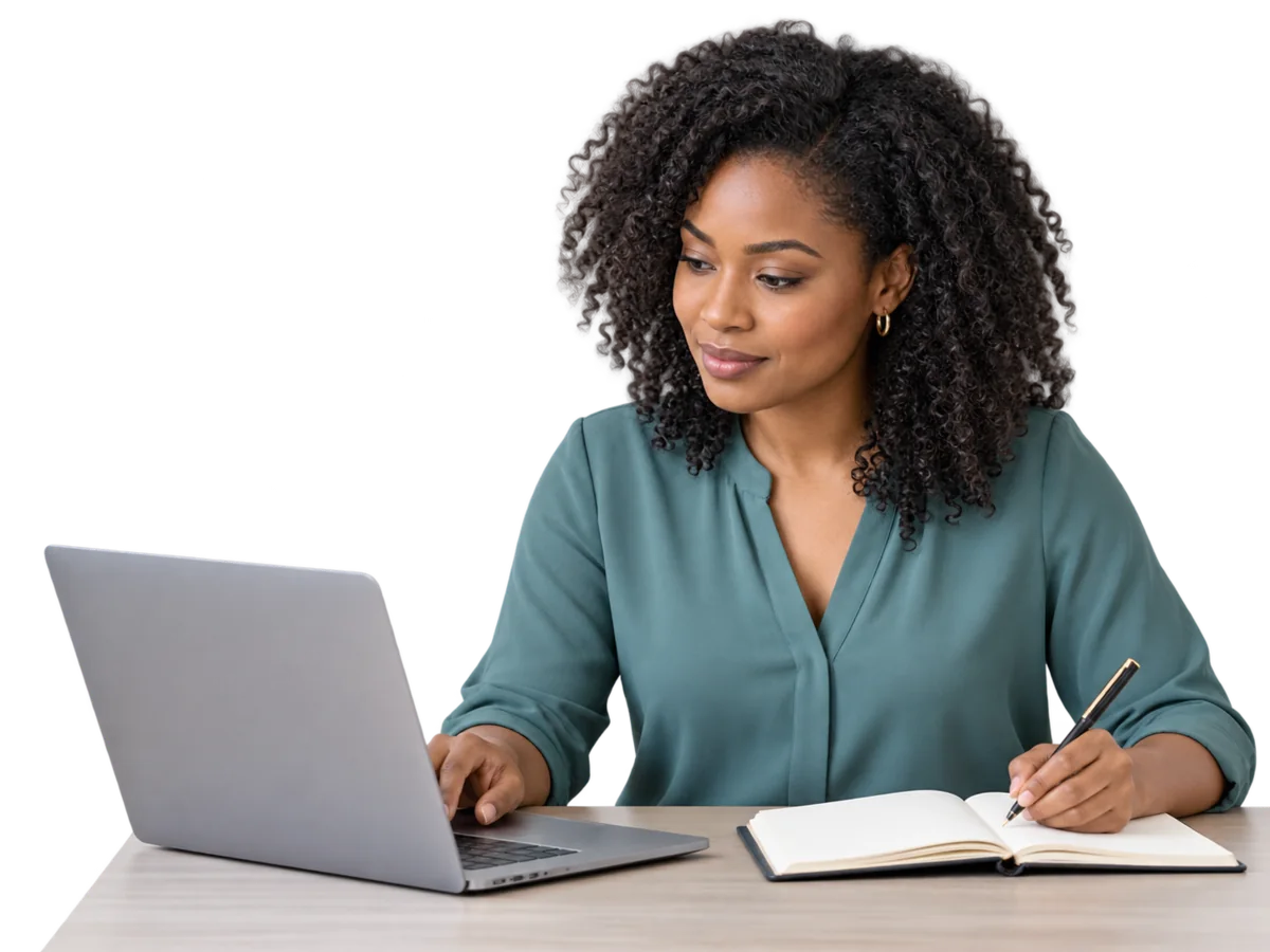 Marketing professional reviewing campaign planning notes at a laptop